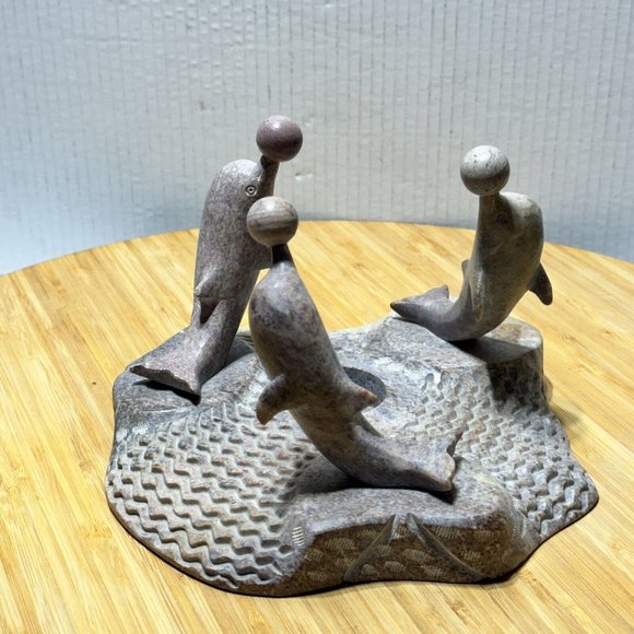 🕯️ Carved Soapstone (3) Dolphin's Candle Holder Sculpture Decor - Picture 3 of 12